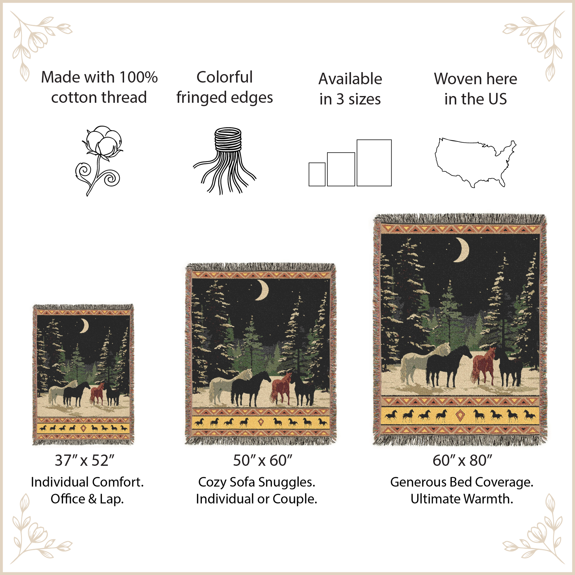 Woven blanket with horses in a forest design, displayed with size information and product features.