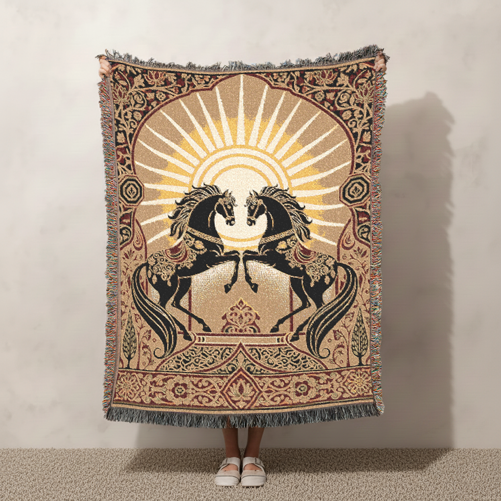 Bohemian Horse Woven Blanket, Celestial Sun Tapestry, Persian Art Jacquard Throw, Maximalist Wall Hanging, Spiritual Equestrian Decor Gift