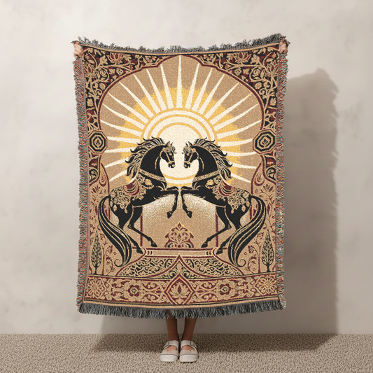 Bohemian Horse Woven Blanket, Celestial Sun Tapestry, Persian Art Jacquard Throw, Maximalist Wall Hanging, Spiritual Equestrian Decor Gift