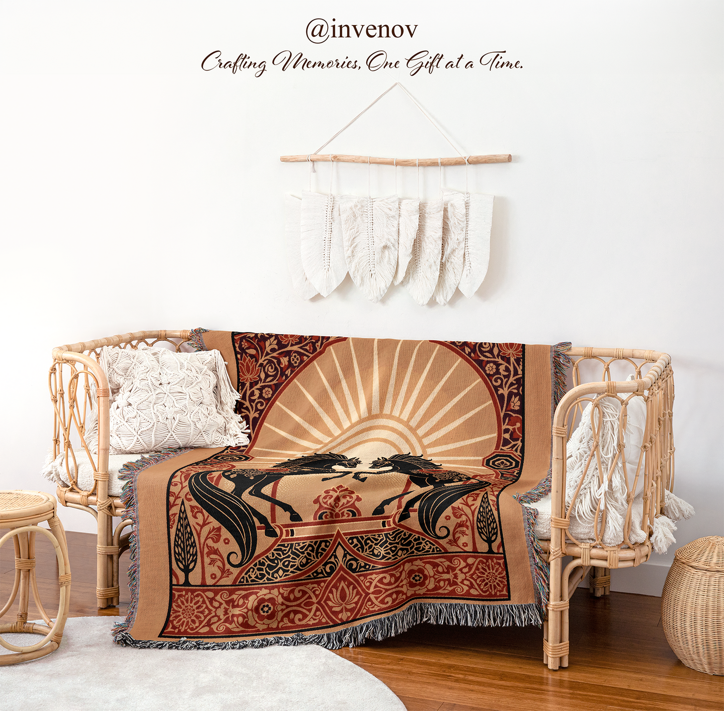 Decorative blanket with horse design on a chair
