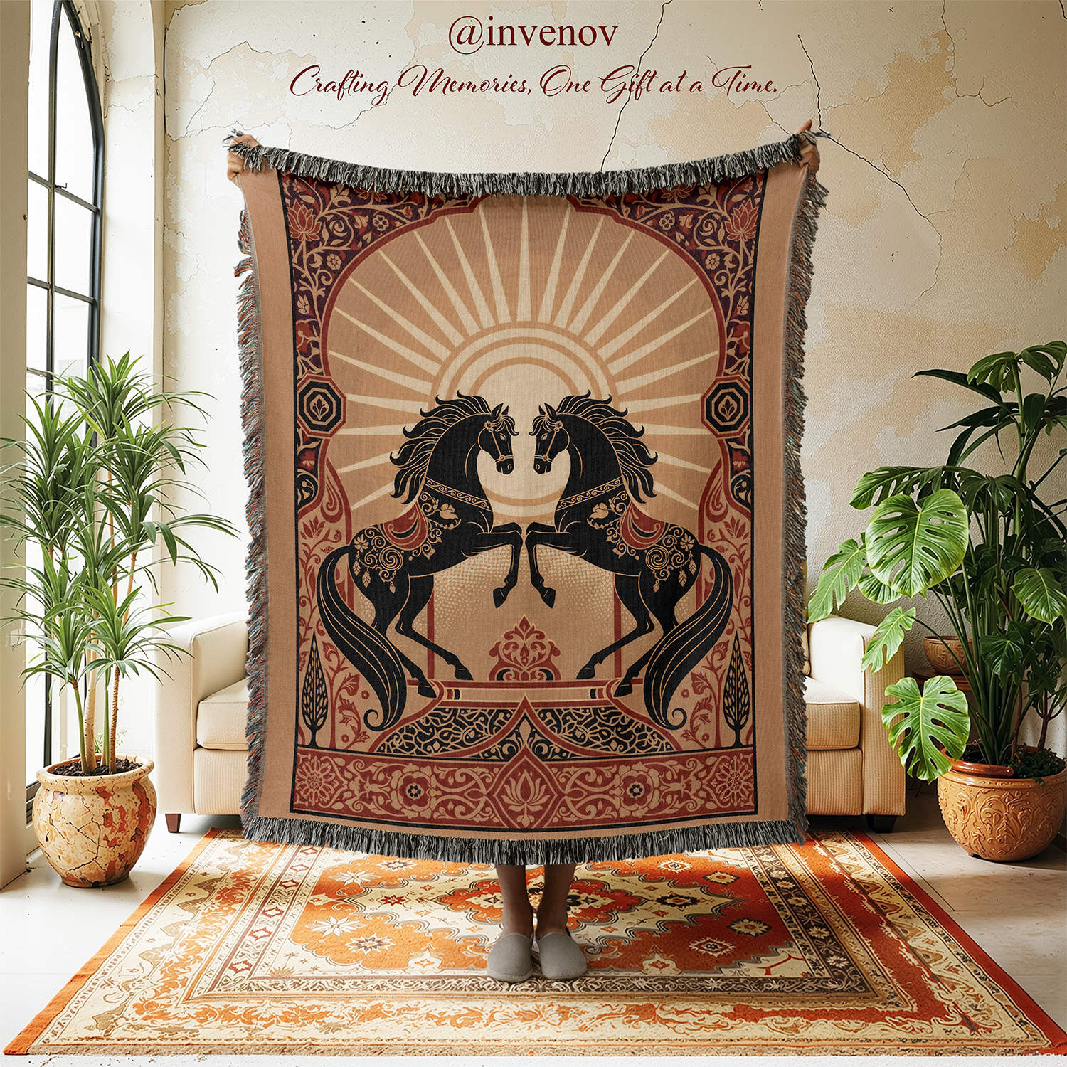 Decorative tapestry with horse design in a room with plants and furniture.