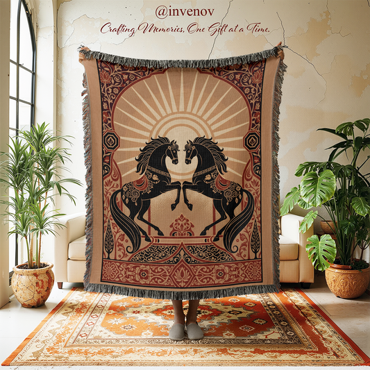 Decorative tapestry with horse design in a room with plants and furniture.