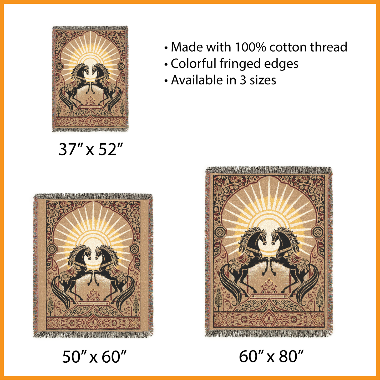 Bohemian Horse Woven Blanket, Celestial Sun Tapestry, Persian Art Jacquard Throw, Maximalist Wall Hanging, Spiritual Equestrian Decor Gift