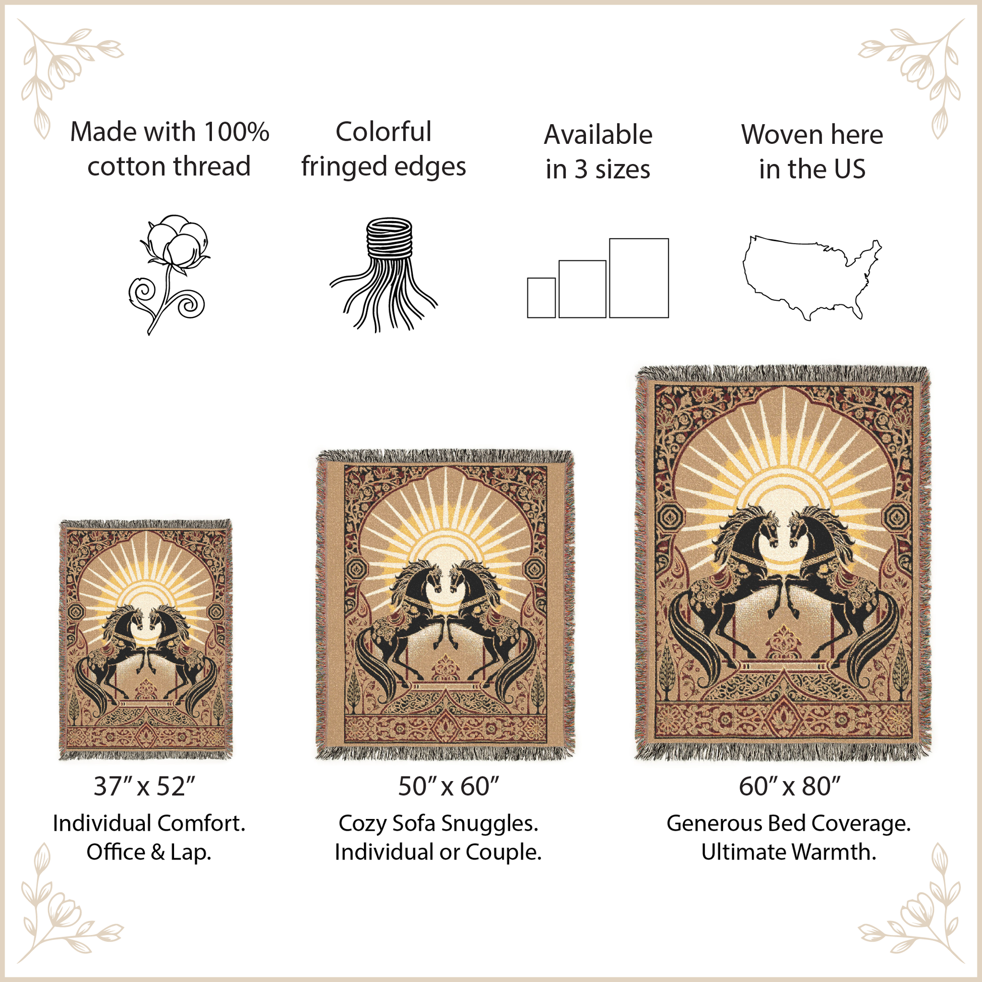 Decorative tapestries with fringed edges and horse design, available in three sizes.