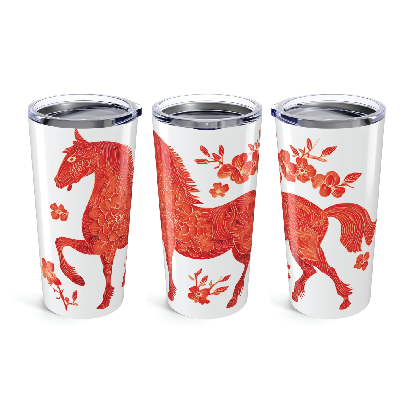 Year of the Horse 2026 Tumbler, Chinese New Year Gift, Red Zodiac Horse Travel Mug, Lunar New Year Cup, Floral Equestrian Insulated Tumbler