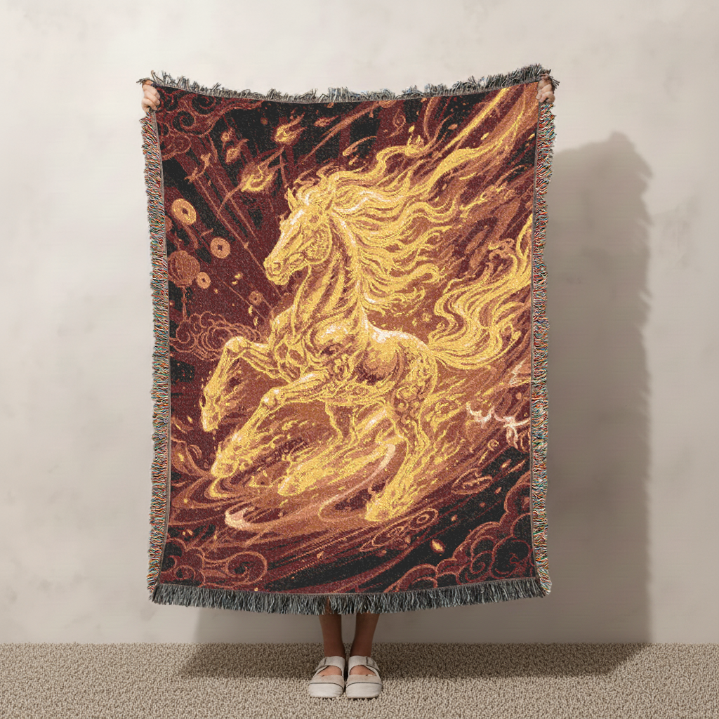 Fiery Horse Woven Blanket, Golden Fantasy Tapestry, Year of the Horse Gift, Chinese New Year 2026 Jacquard Throw, Equestrian Wall Decor