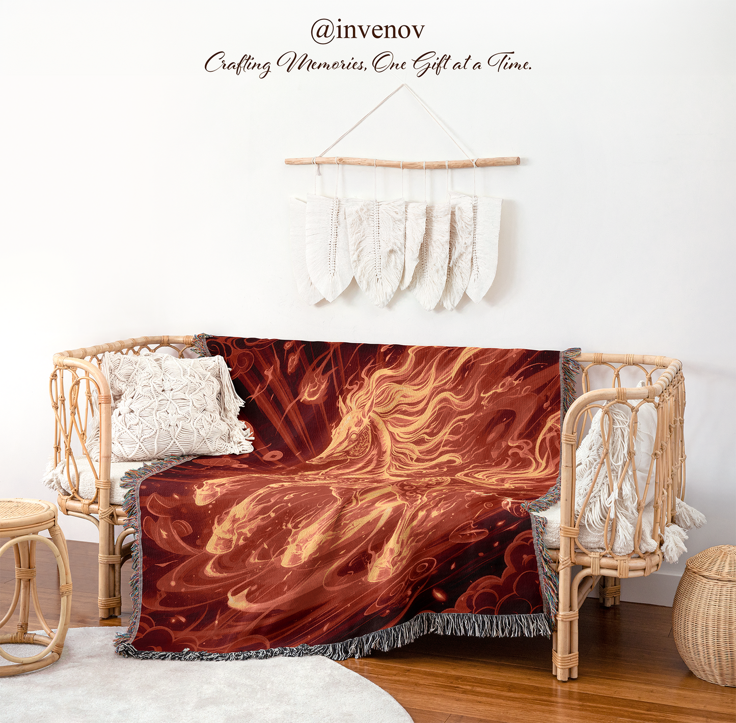 Decorative blanket with fiery design draped over a chair