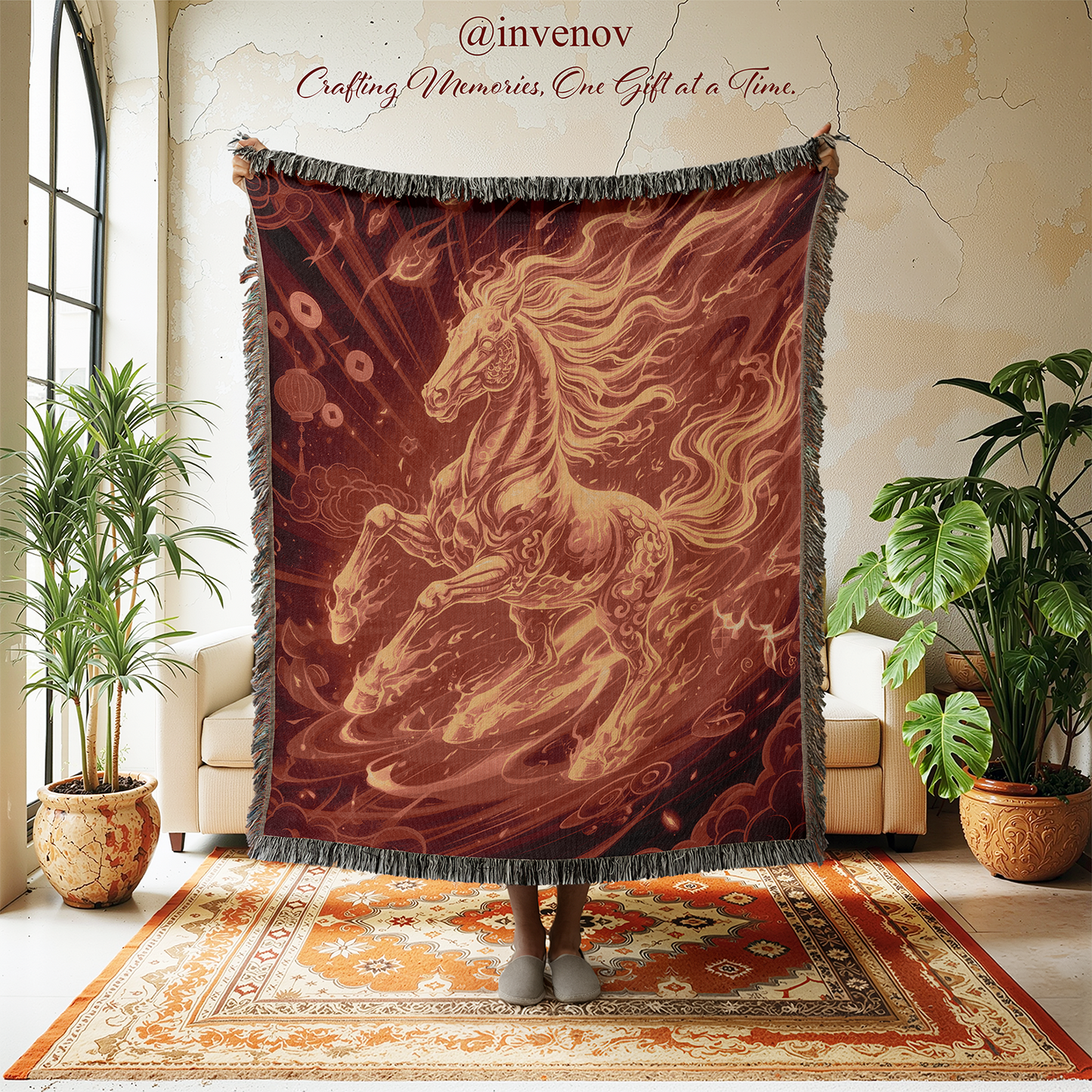 Decorative blanket with a horse design in a room with plants and furniture.