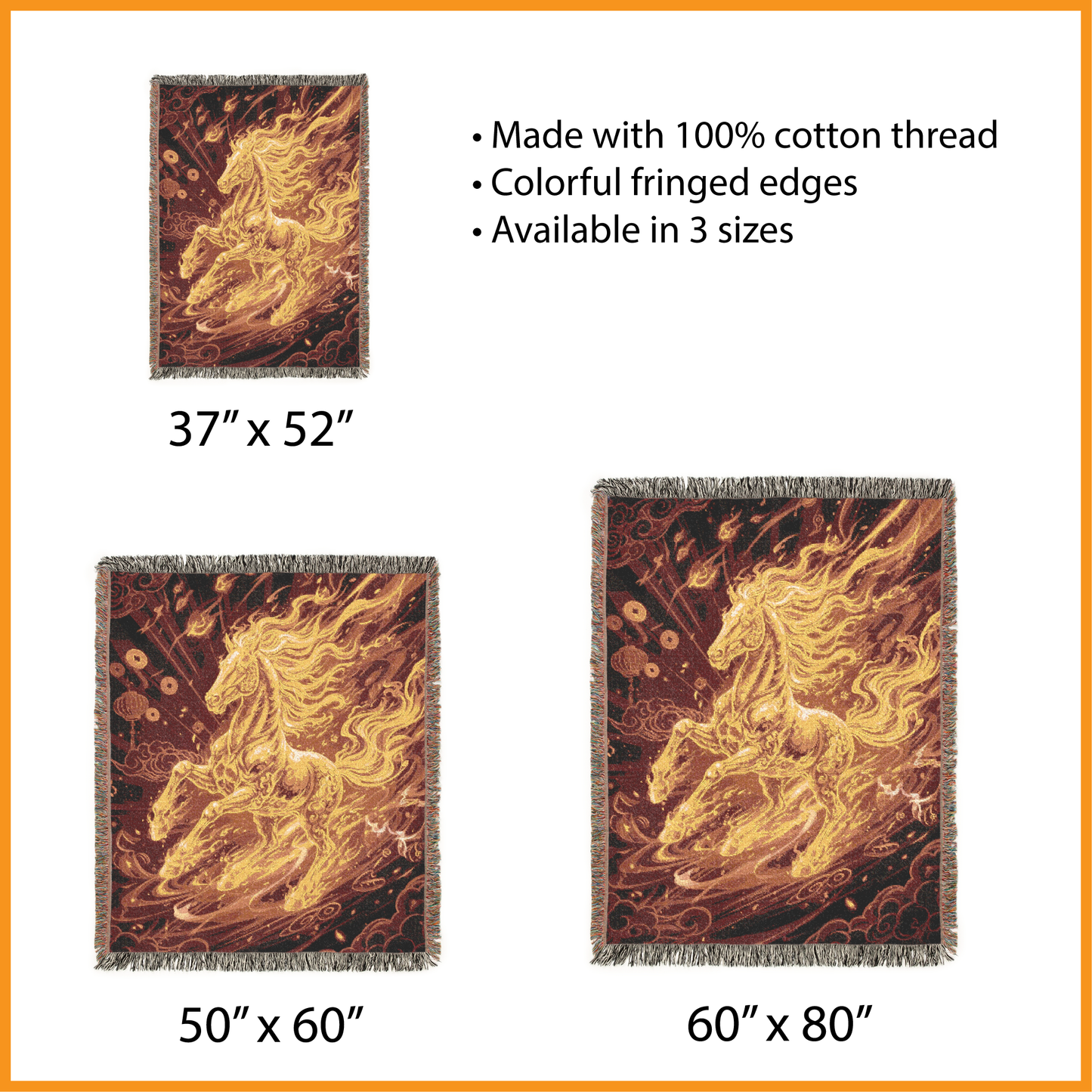 Fiery Horse Woven Blanket, Golden Fantasy Tapestry, Year of the Horse Gift, Chinese New Year 2026 Jacquard Throw, Equestrian Wall Decor