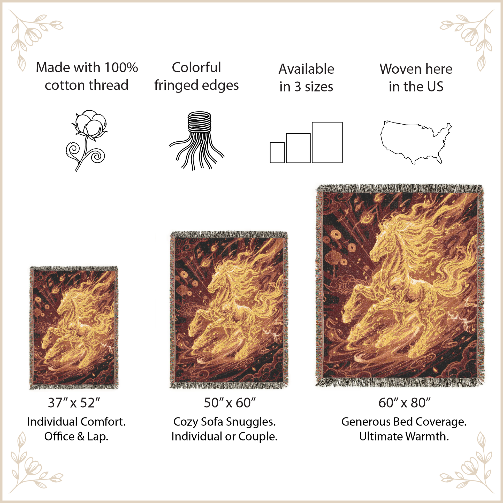 Decorative throw blankets with unicorn design, featuring size options and material details.