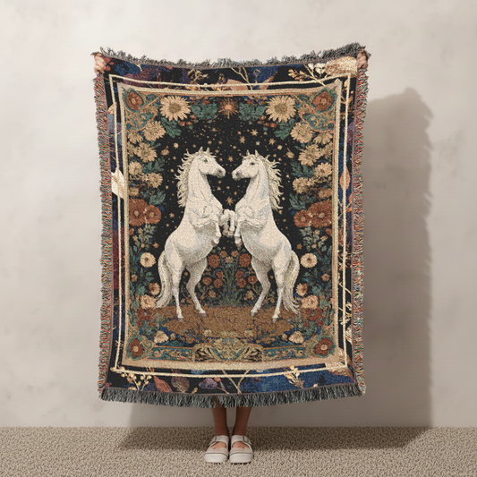 White Horse Woven Blanket, Celestial Tapestry, Romantic Dark Academia Jacquard Throw, Year of the Horse Decor, Art Nouveau Horse Gift