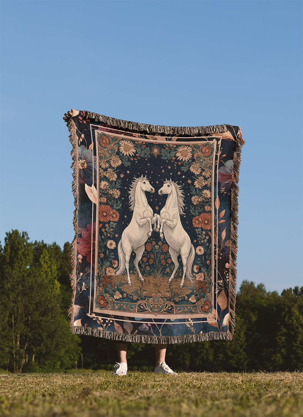 White Horse Woven Blanket, Celestial Tapestry, Romantic Dark Academia Jacquard Throw, Year of the Horse Decor, Art Nouveau Horse Gift