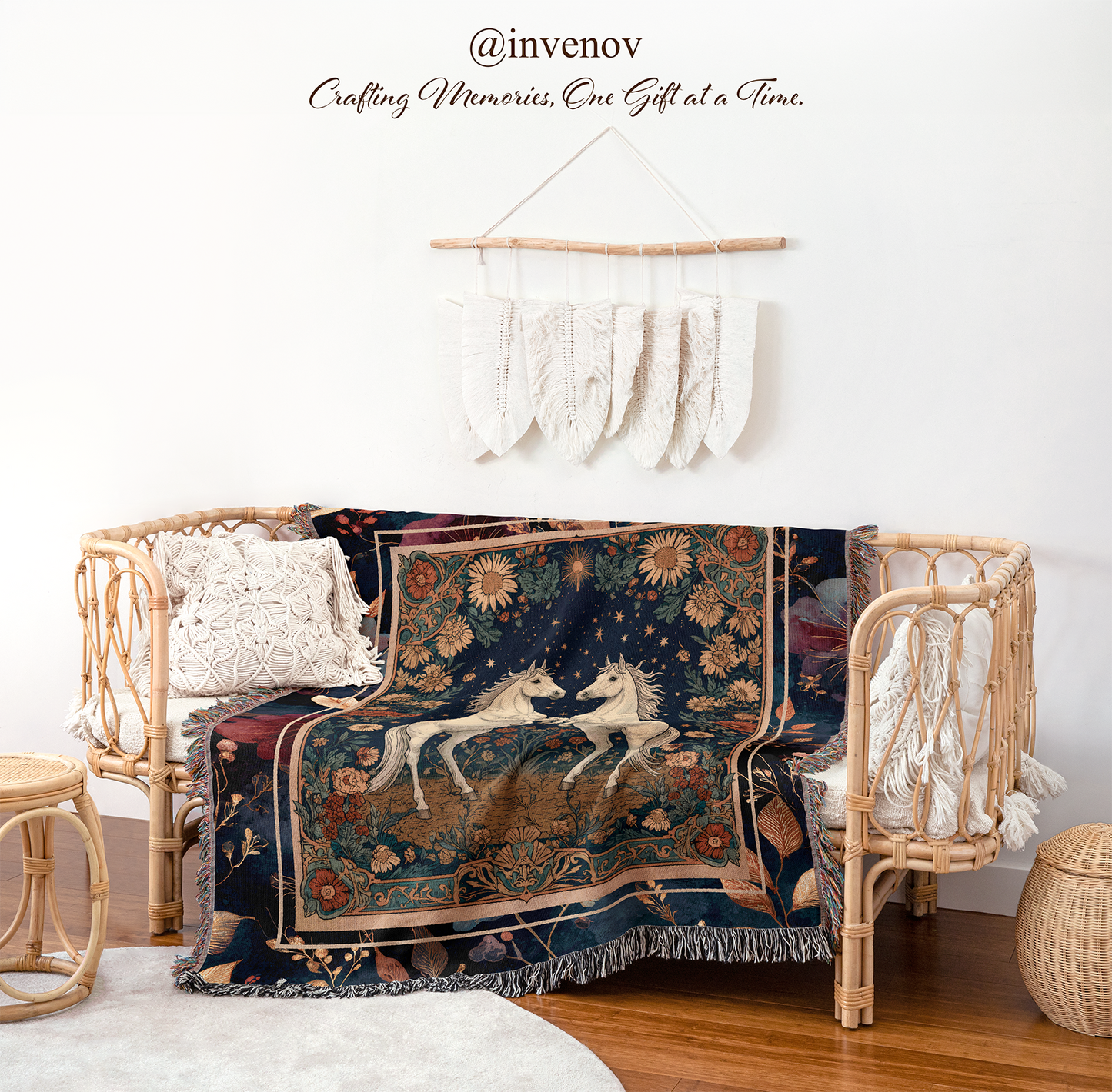 Decorative blanket with horses design draped over a wicker chair