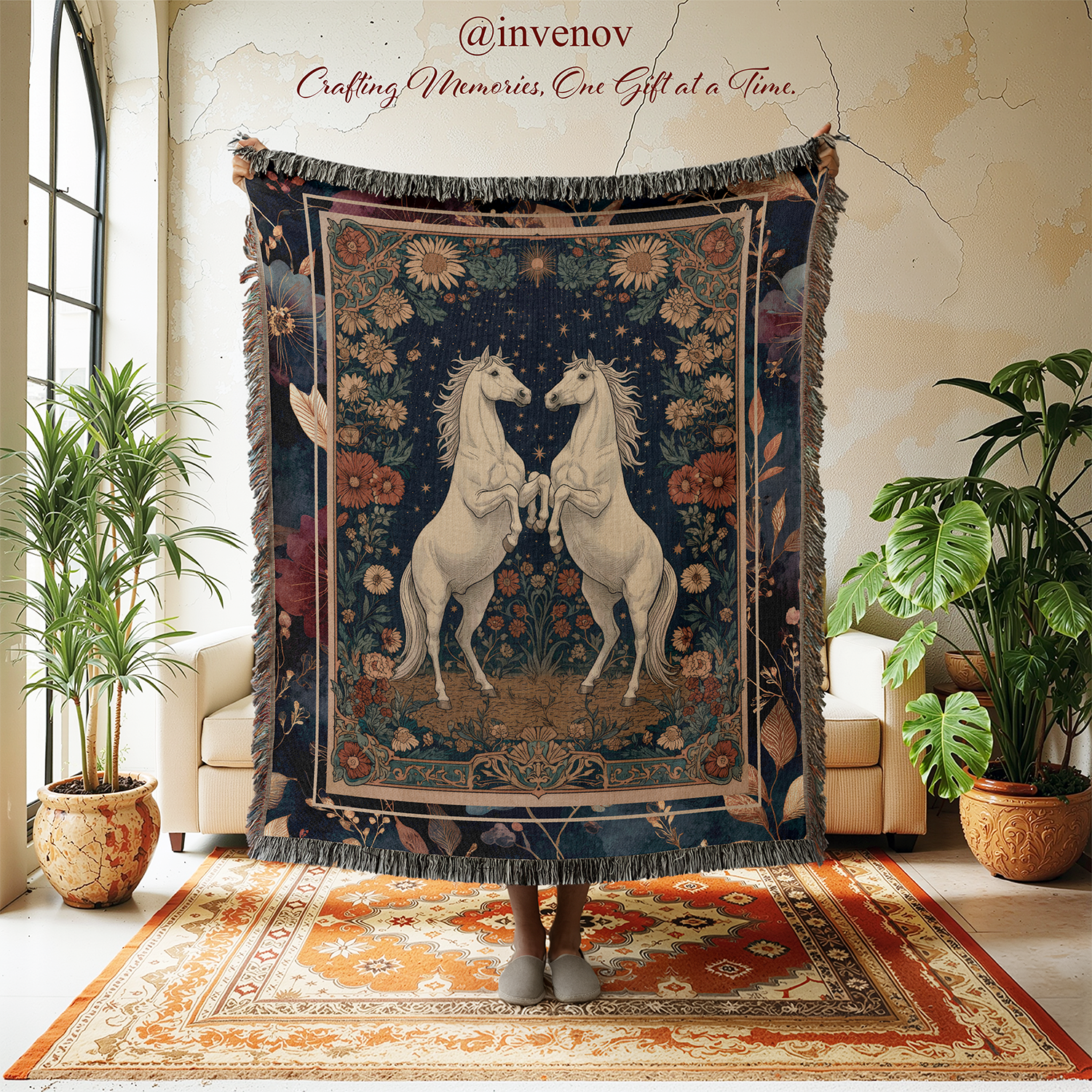 Decorative tapestry with horses design in a room with plants and furniture.
