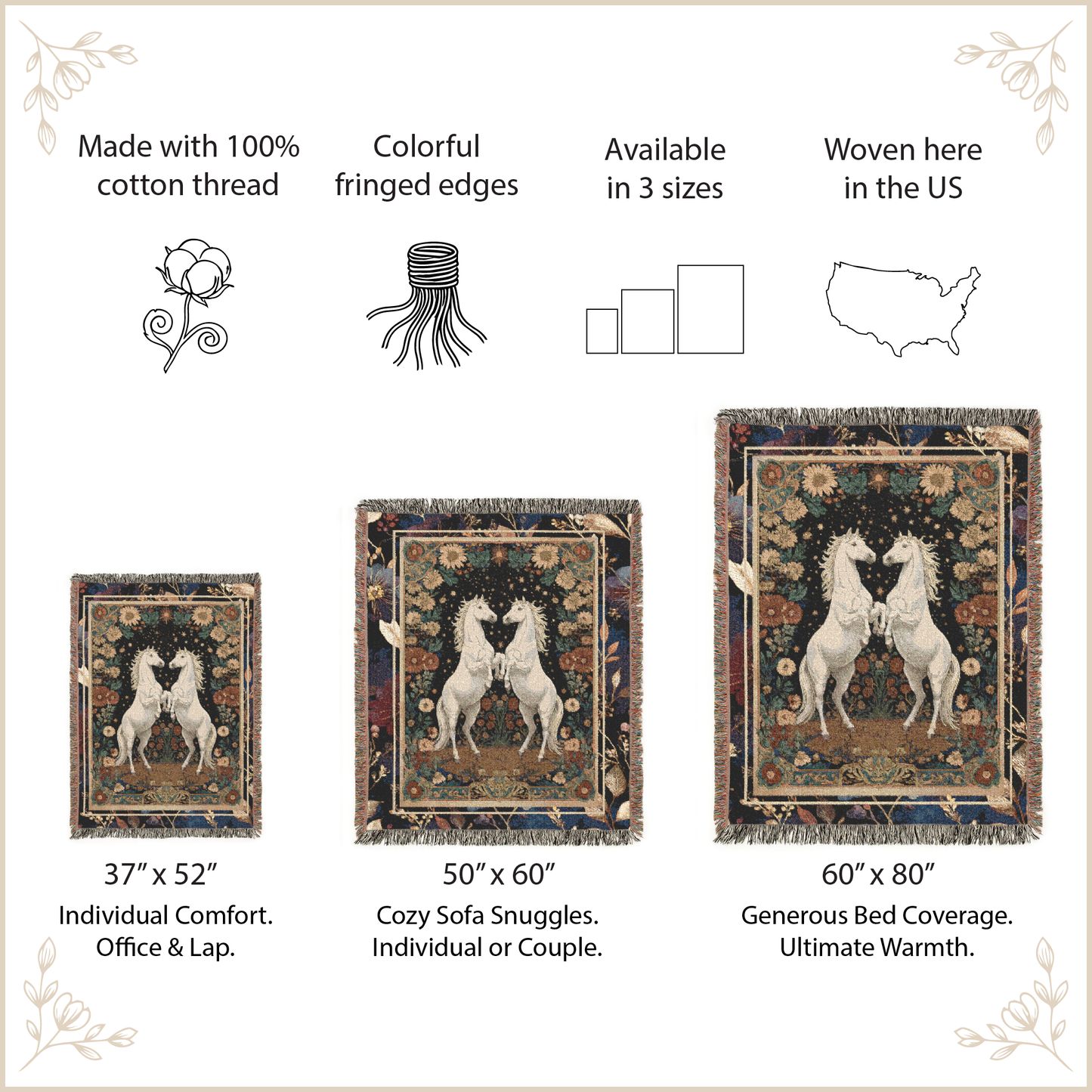 Decorative tapestries with horses, shown in different sizes, on a light background with text about product features.