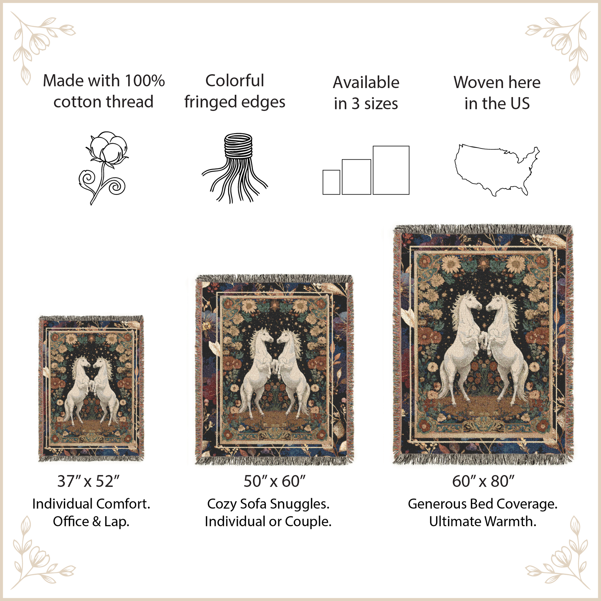 Decorative tapestries with horses, shown in different sizes, on a light background with text about product features.