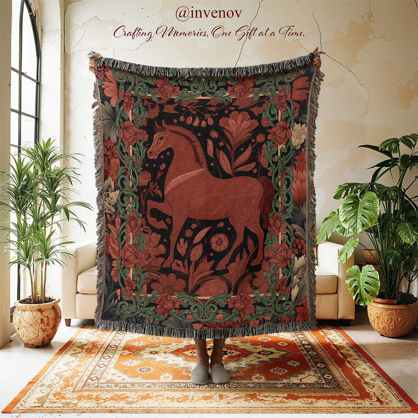 Decorative blanket with horse design in a room with plants and furniture