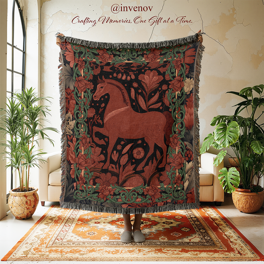 Decorative blanket with horse design in a room with plants and furniture