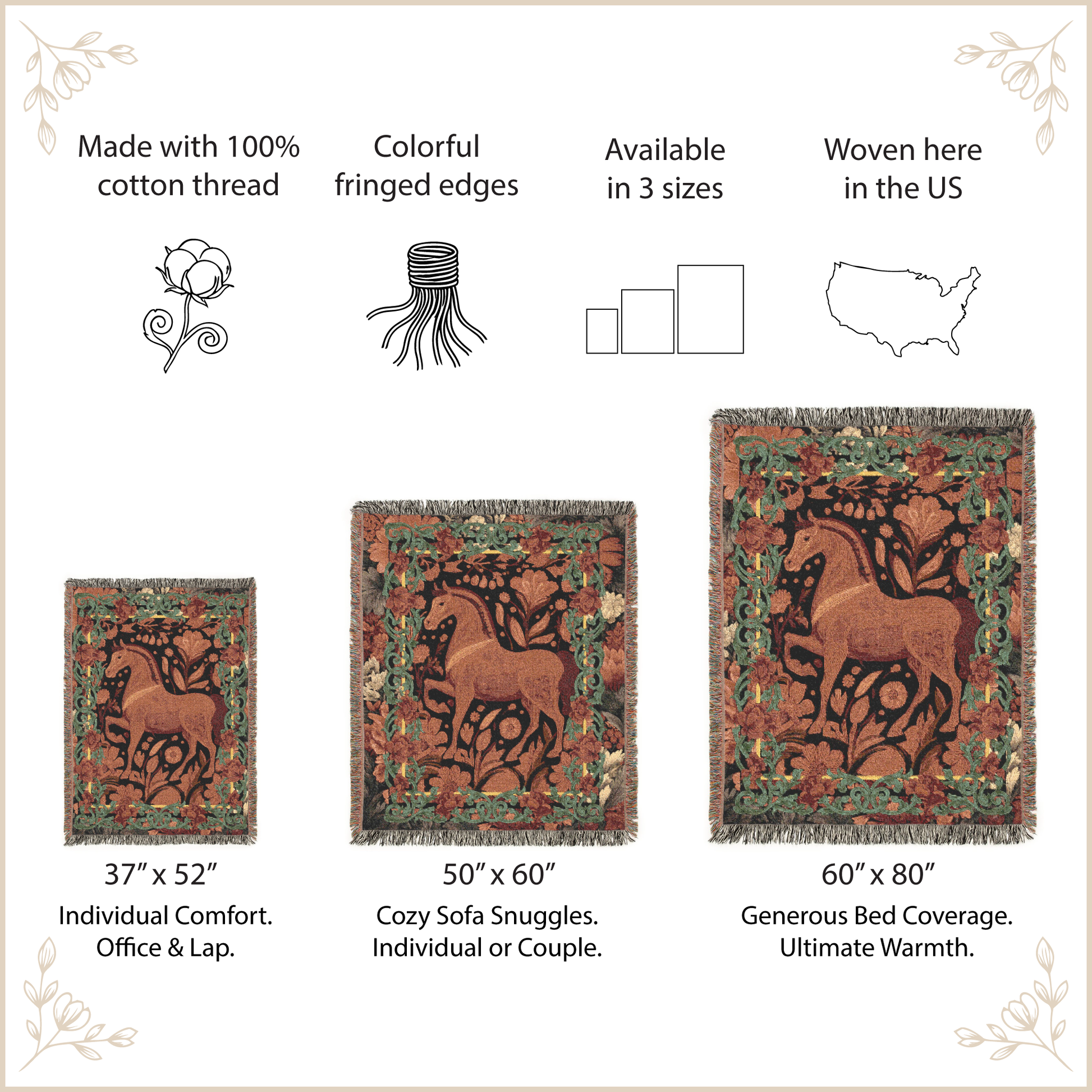 Woven blanket with horse design, size options, and features listed.