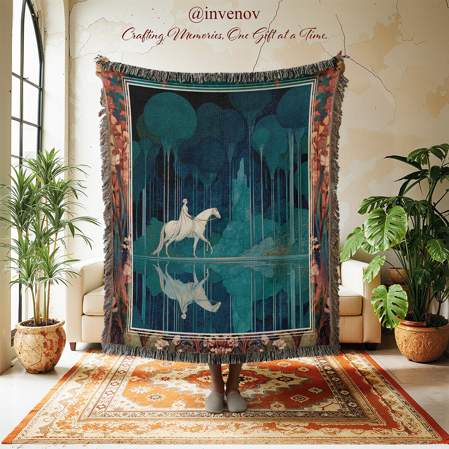 Decorative tapestry with a horse design in a room with plants and furniture.