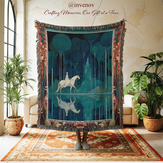 Decorative tapestry with a horse design in a room with plants and furniture.