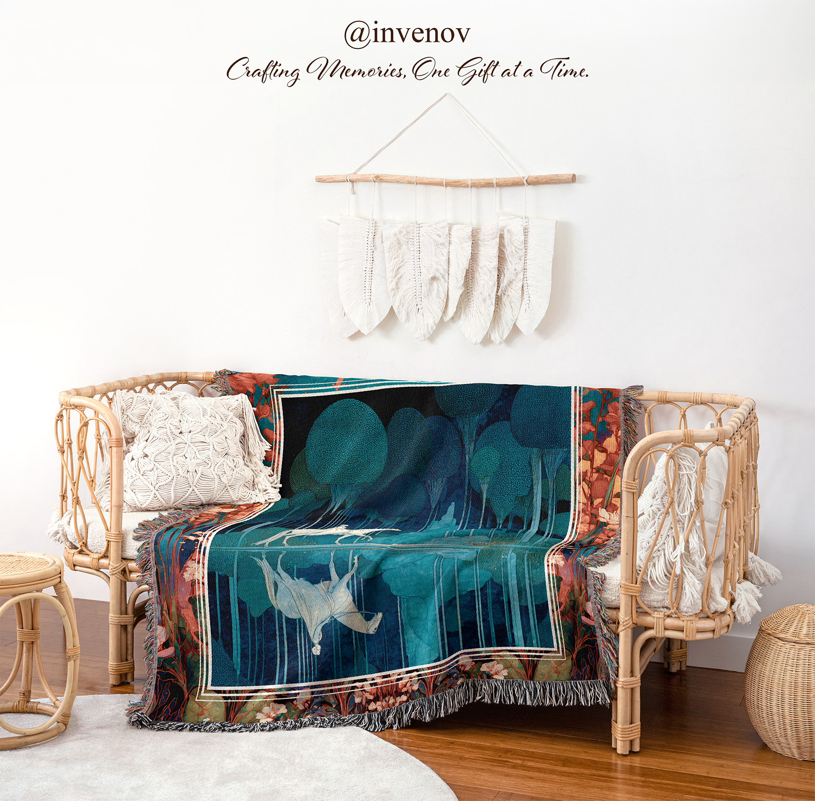 Decorative blanket with ocean design on a wicker chair