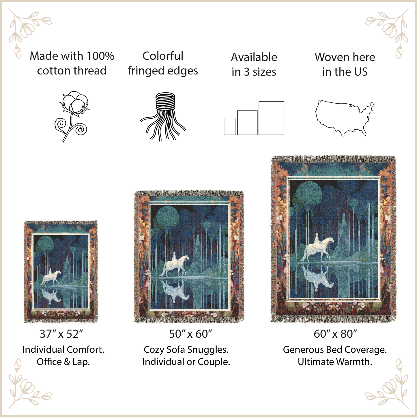 Woven tapestries with fringed edges, made with 100% cotton thread, available in three sizes, and woven in the US.