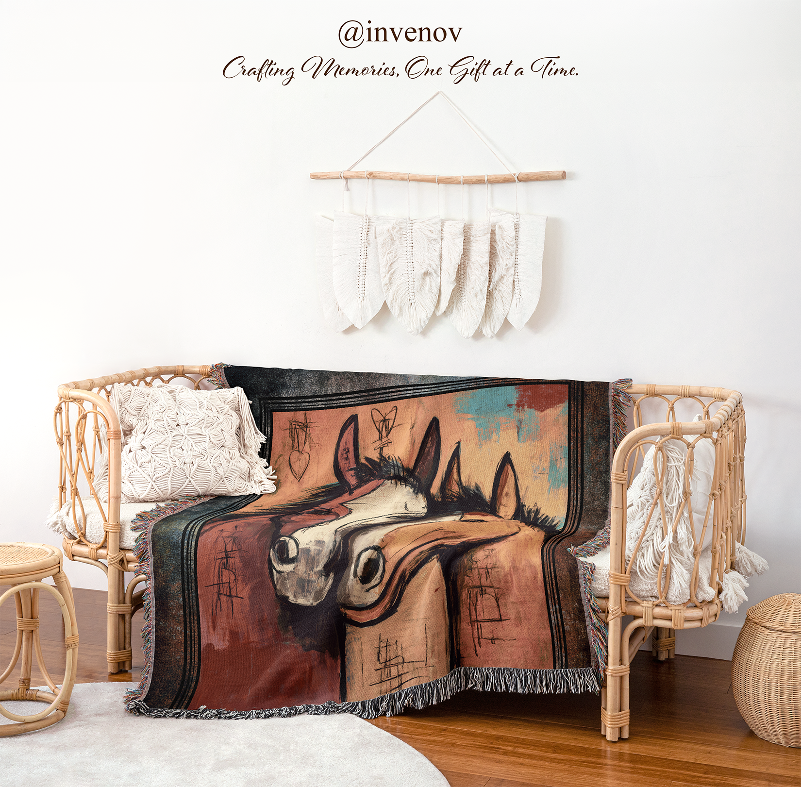 Woven blanket with 2 horses graphic