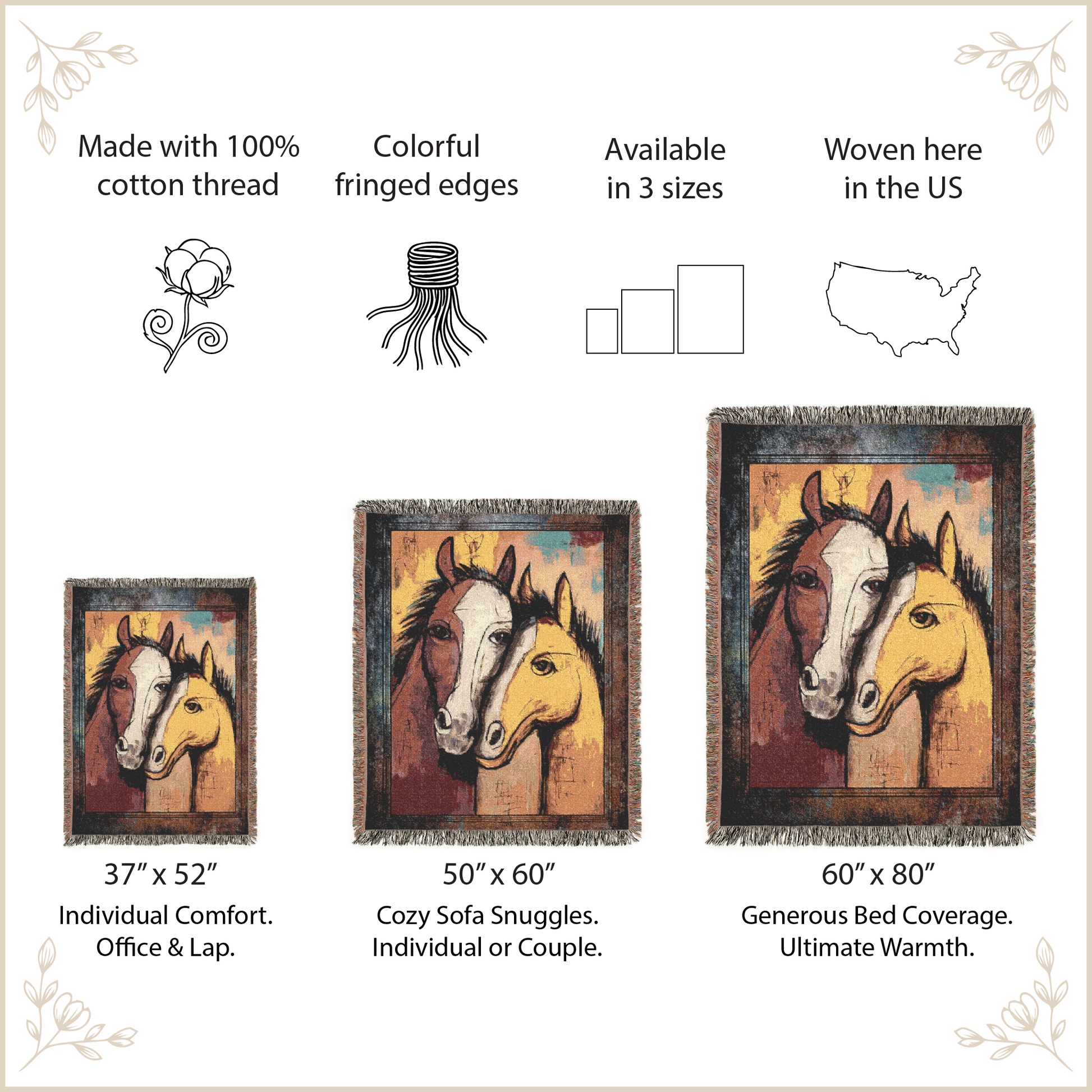 Woven blanket with horse design and product size information on a beige background