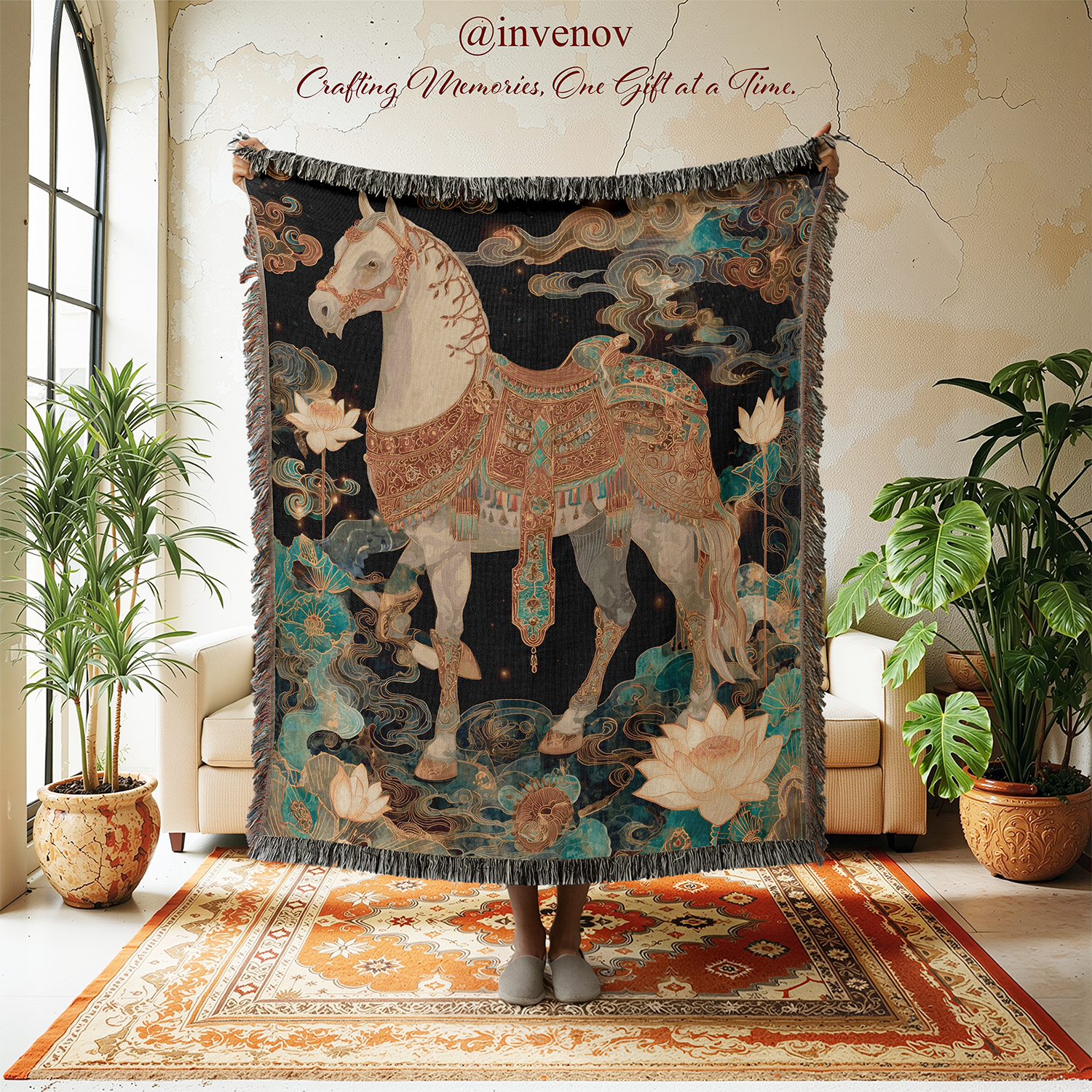 Decorative tapestry with a horse design in a room with plants and furniture.