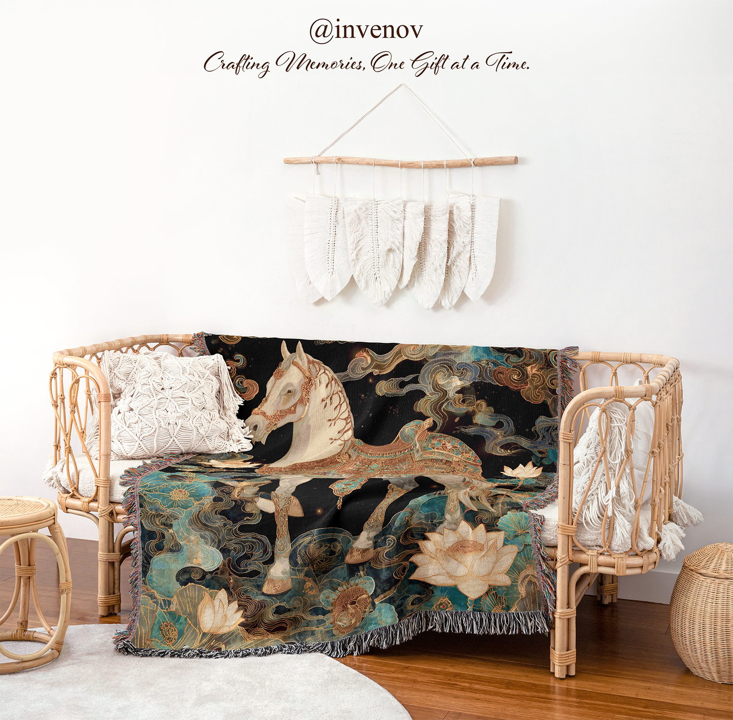 Decorative blanket with a horse design draped over a chair