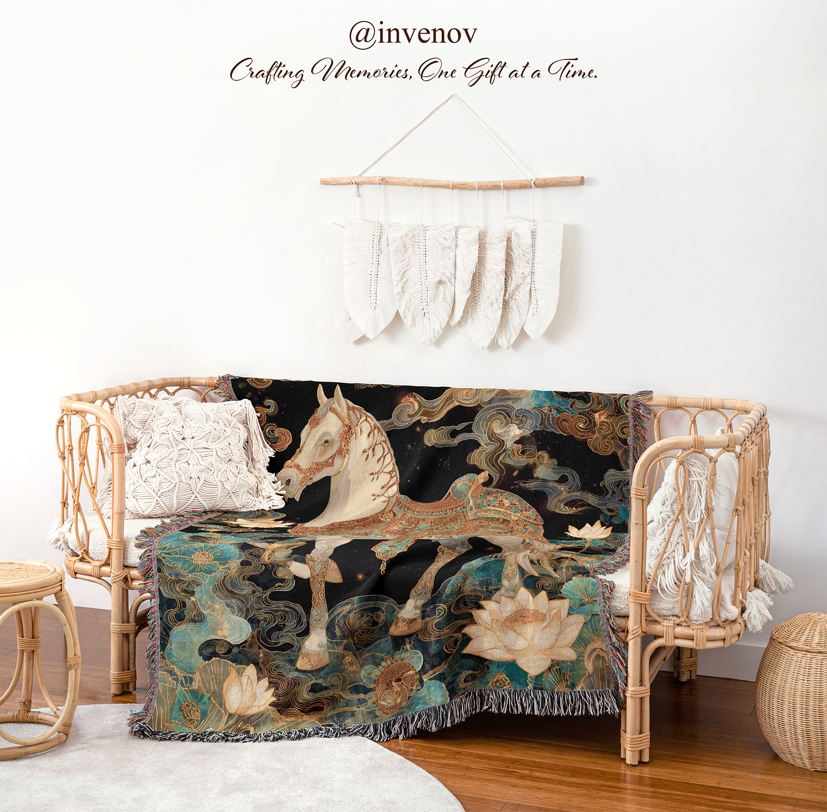 Decorative blanket with a horse design draped over a chair