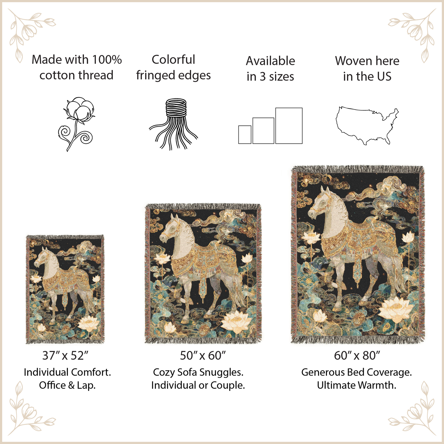 Decorative horse-themed throw blankets with product details on a beige background
