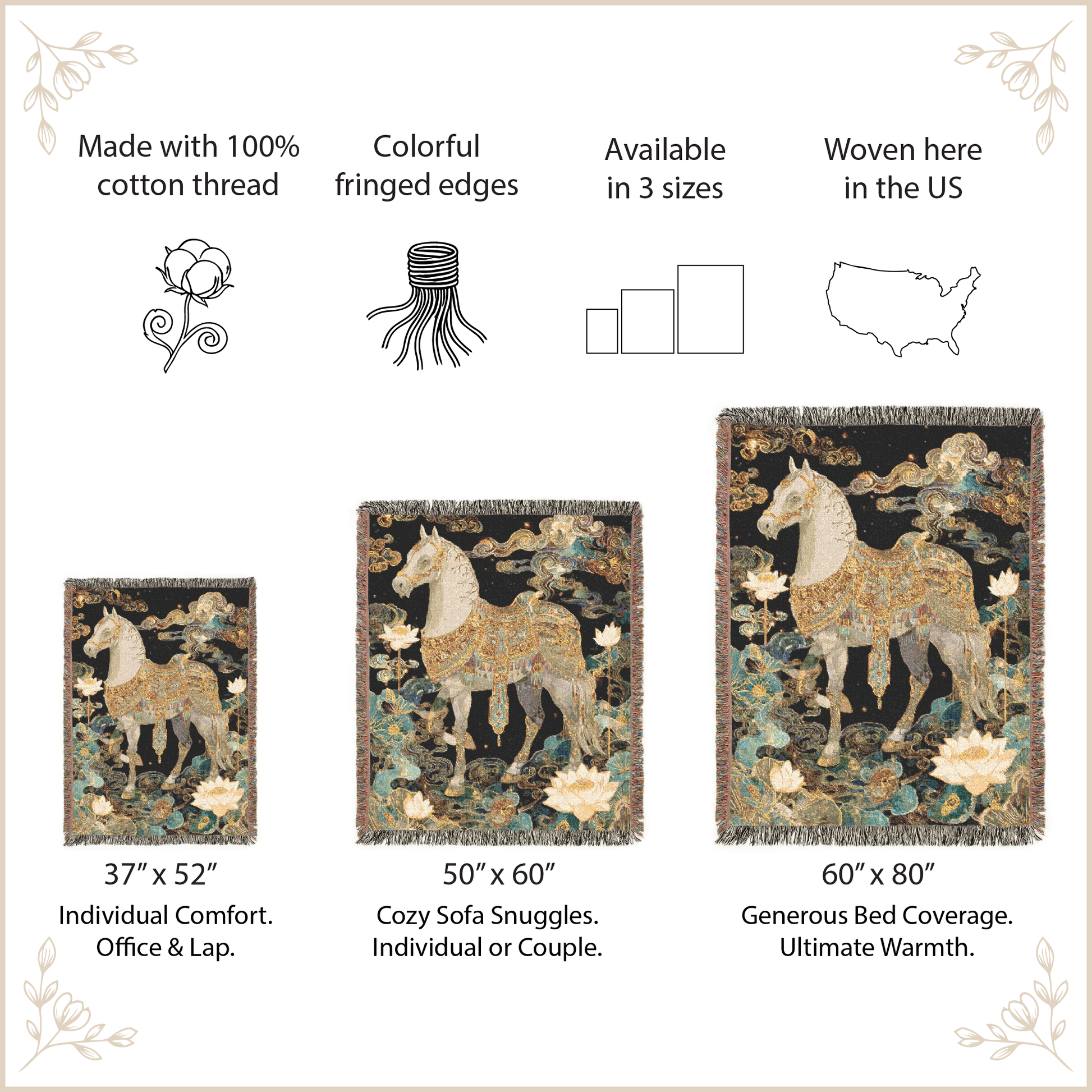 Decorative horse-themed throw blankets with product details on a beige background