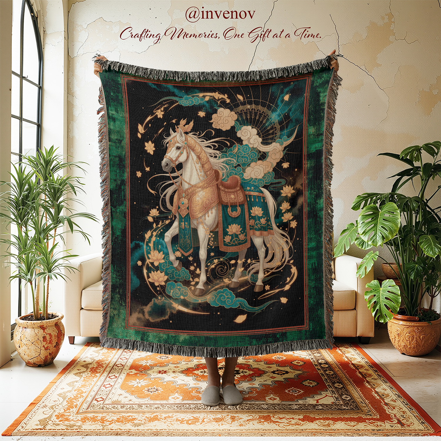 Decorative tapestry with a horse design in a room with plants and furniture.