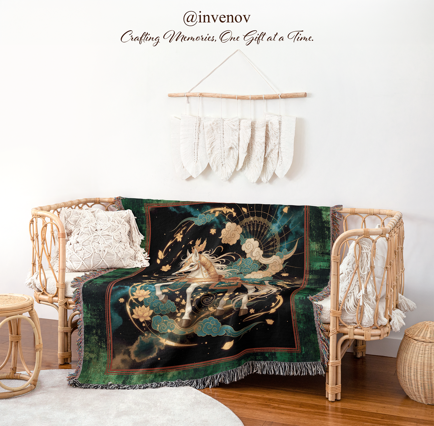 Decorative blanket with unicorn design draped over a chair