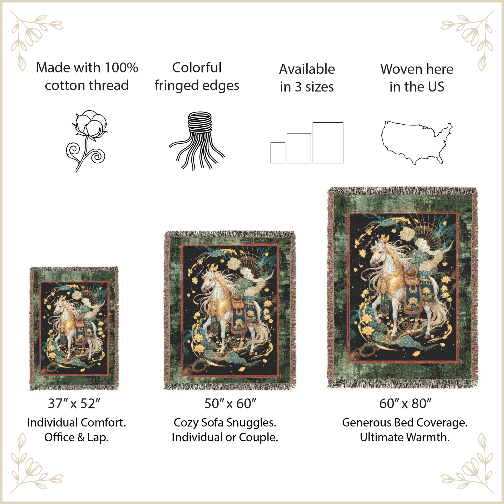 Decorative tapestries with fringed edges, made with 100% cotton thread, available in three sizes, and woven in the US.