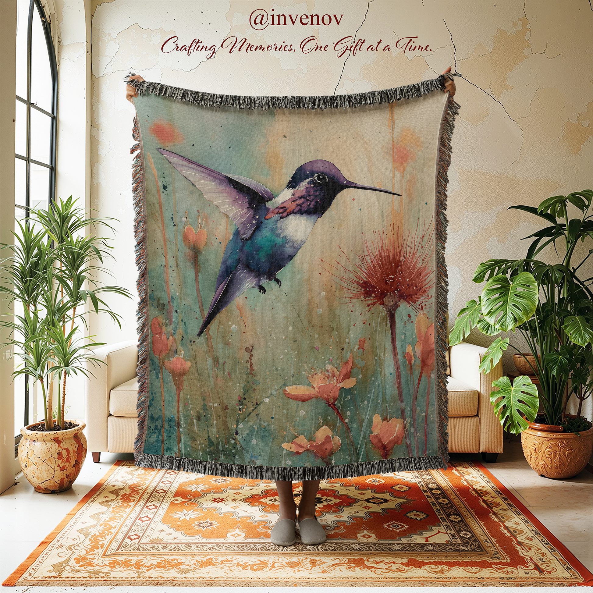 Woven Blanket with a humming bird and some flowers graphic