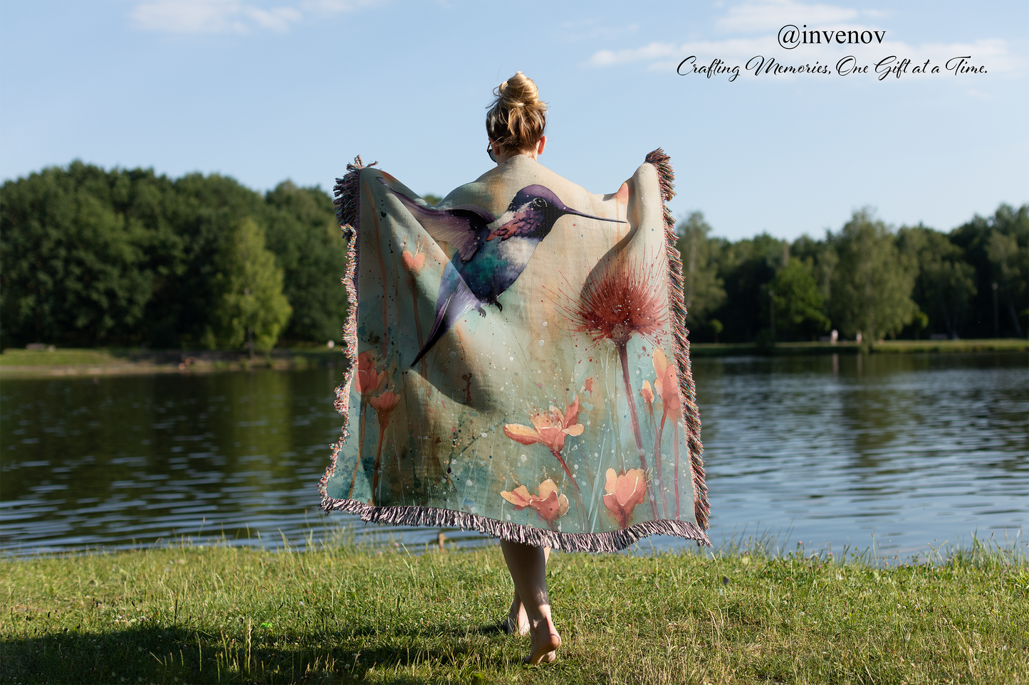 Woven Blanket with a humming bird and some flowers graphic