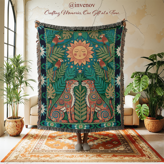 Folk Art Jungle Woven Blanket, Sun Face Jaguar Leopard Throw, Tropical Parrot Tapestry, Boho Maximalist Decor, Colorful Eclectic Gift