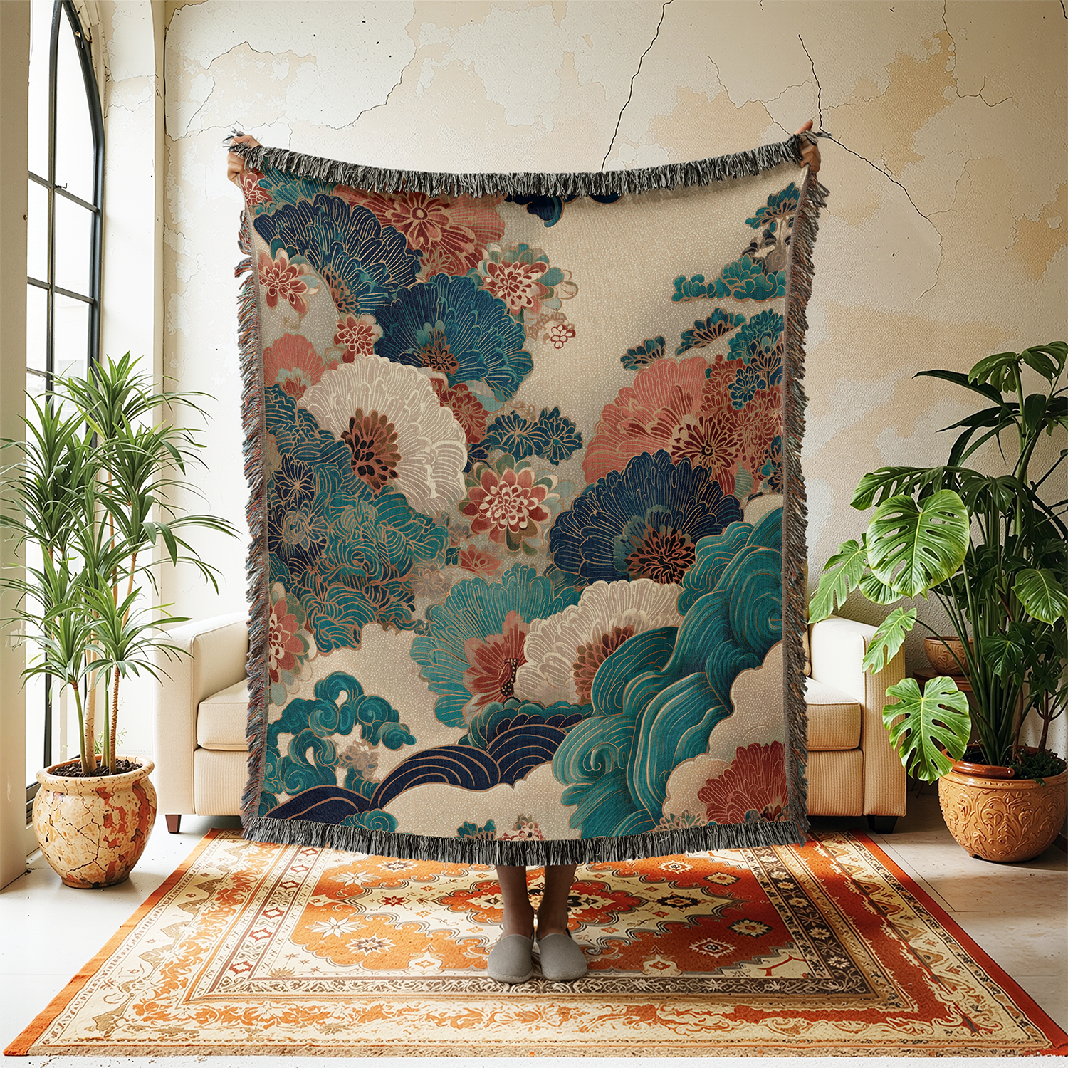 Japanese Floral Woven Blanket, Ukiyo-e Tapestry Wall Hanging