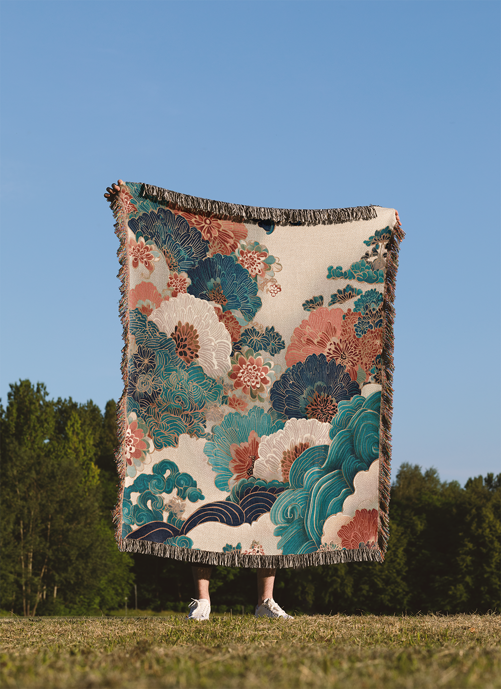 Japanese Floral Woven Blanket, Ukiyo-e Tapestry Wall Hanging