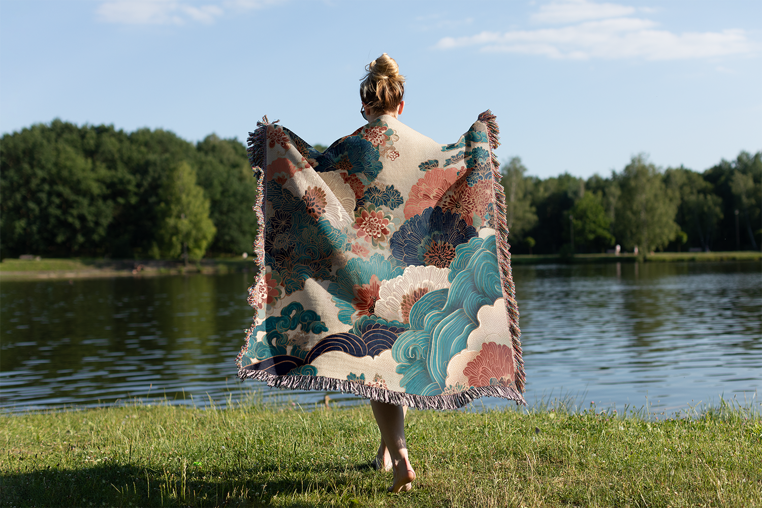 Japanese Floral Woven Blanket, Ukiyo-e Tapestry Wall Hanging