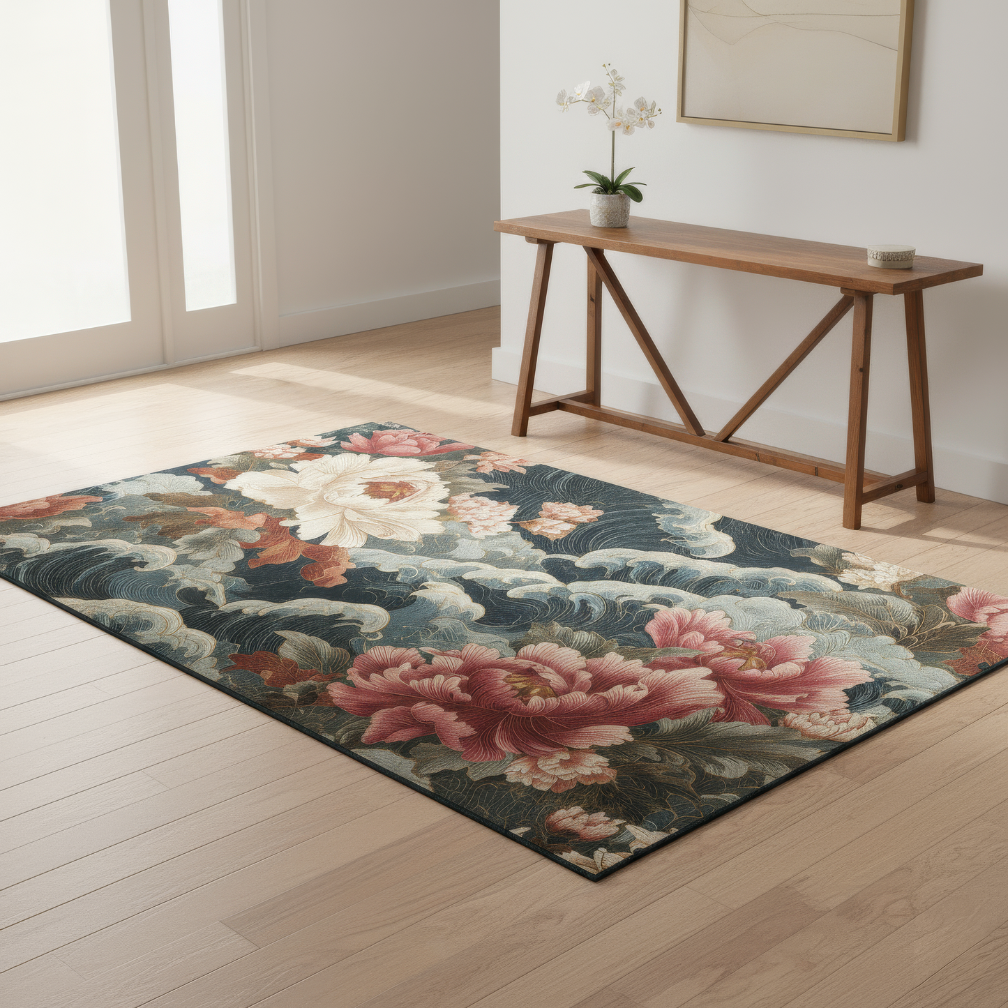 Japanese Floral Area Rug, Ukiyo-e Style Peony and Waves Carpet, Maximalist Chinoiserie Decor, Asian Art, Dark Academia Botanical Accent Rug