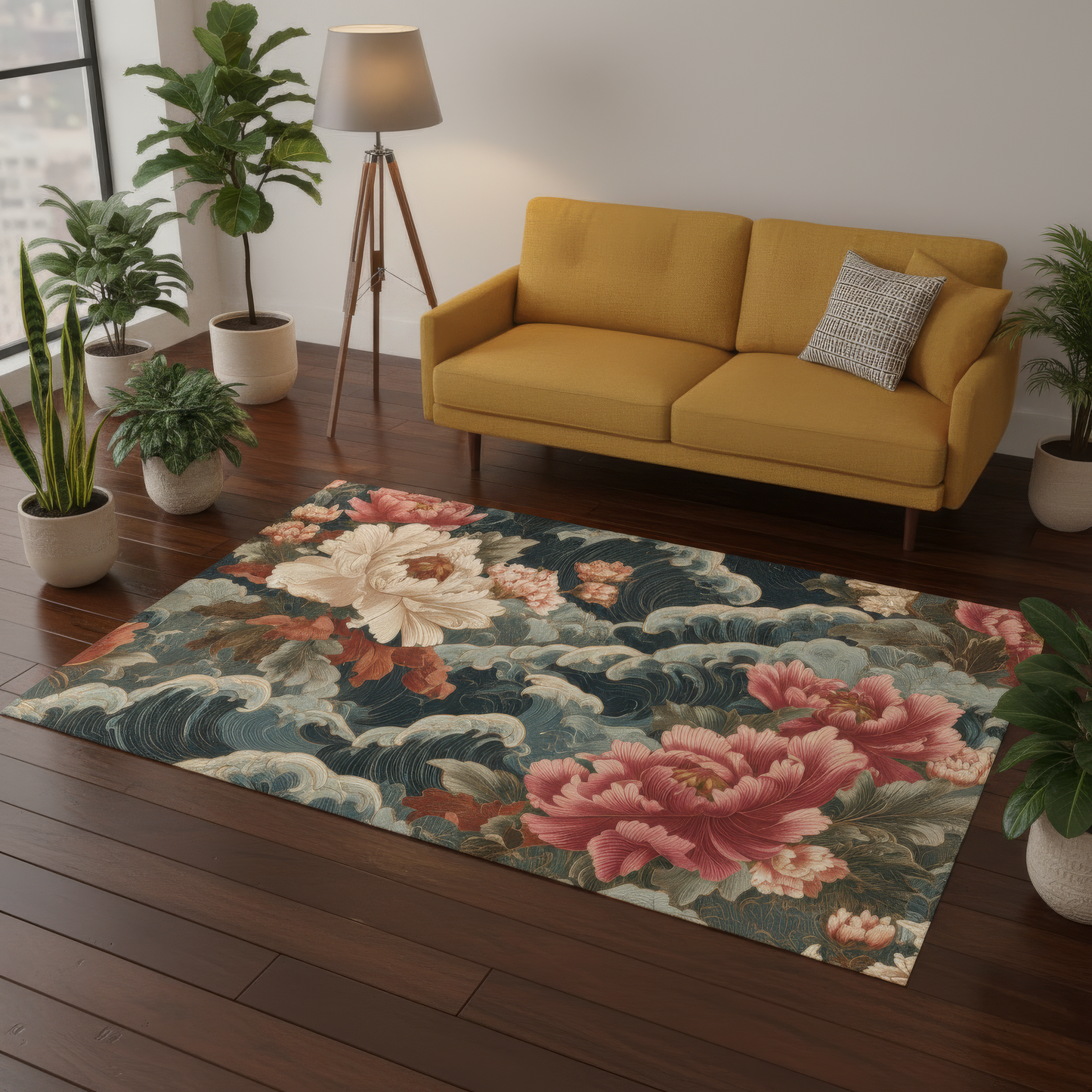 Japanese Floral Area Rug, Ukiyo-e Style Peony and Waves Carpet, Maximalist Chinoiserie Decor, Asian Art, Dark Academia Botanical Accent Rug