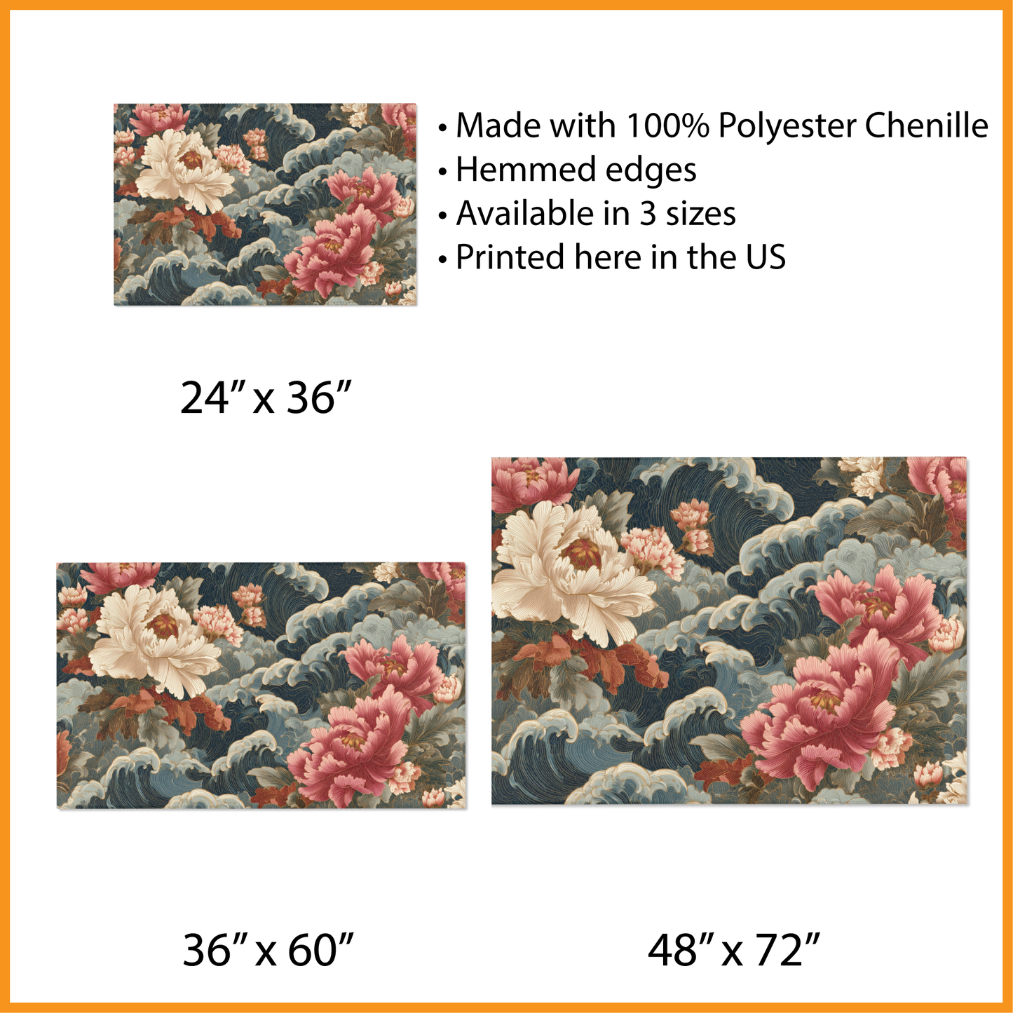 Japanese Floral Area Rug, Ukiyo-e Style Peony and Waves Carpet, Maximalist Chinoiserie Decor, Asian Art, Dark Academia Botanical Accent Rug