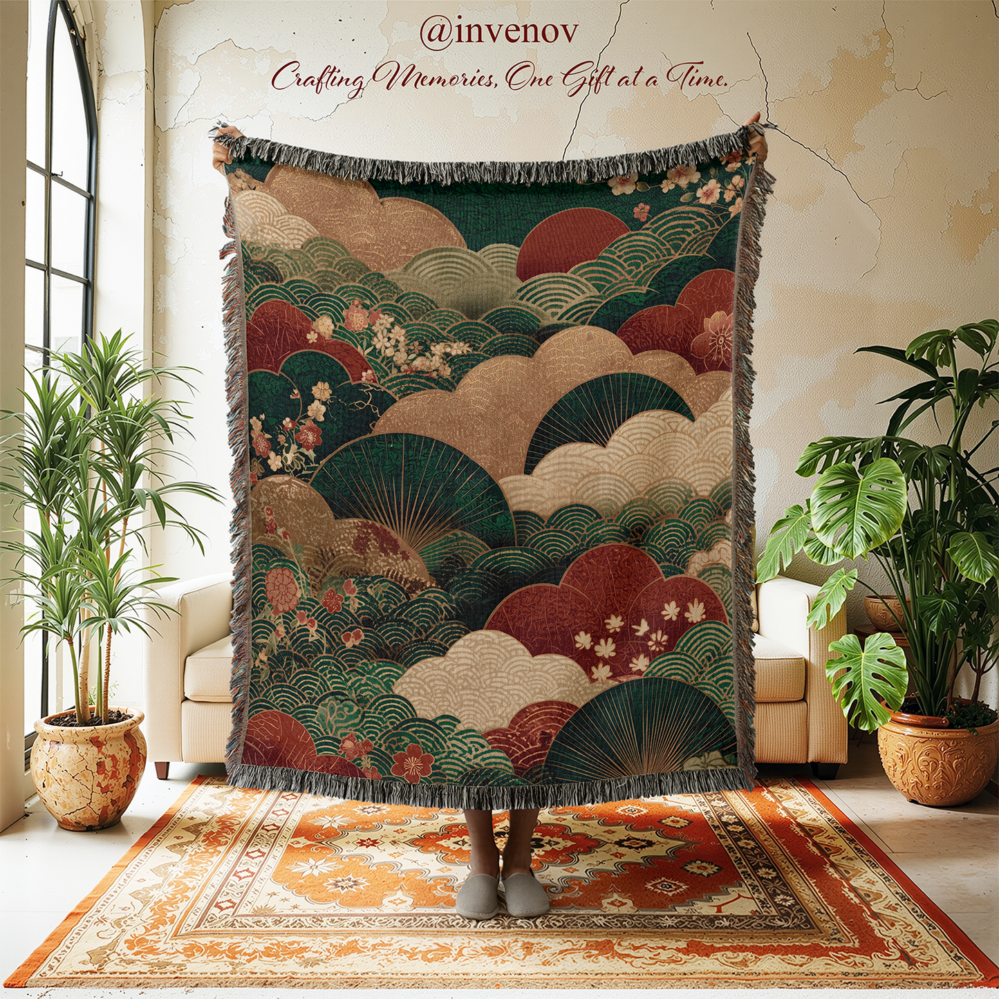 Woven blanket with Japanese style pattern