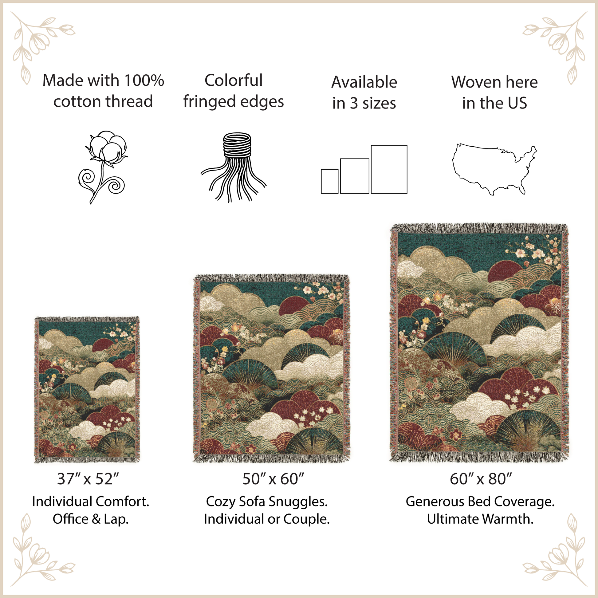Woven blanket with Japanese style pattern with size options and features