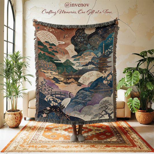 Decorative tapestry with a scenic design in a room with plants and furniture.