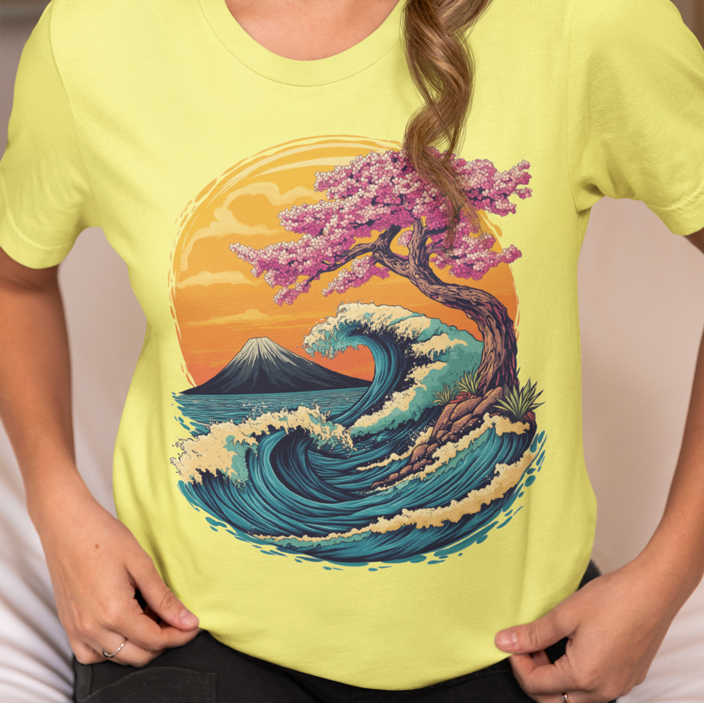 Vibrant Tropical Sakura Wave T-shirt, Ocean Sunset Tee, Japanese Inspired Top, Nature Graphic Shirt, Cherry Blossom, Mount Fuji Shirt